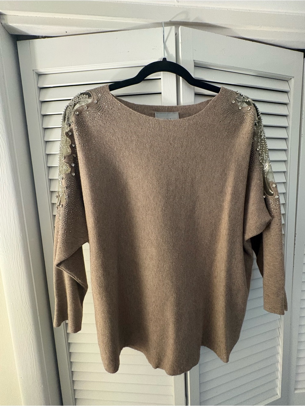 Milano Taupe Embellished Shoulder Crewneck Sweater
